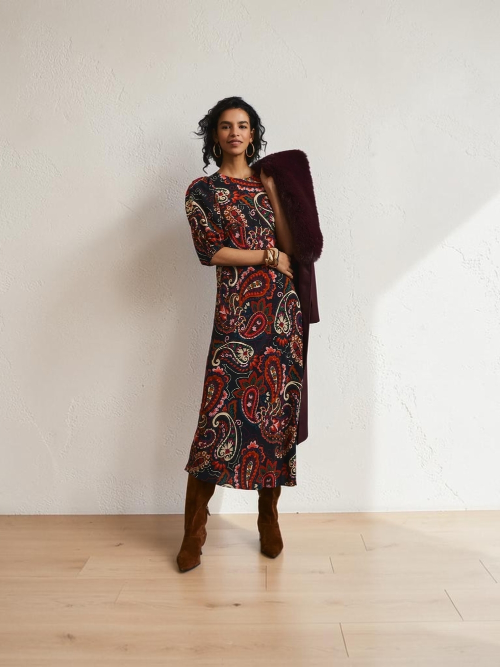 Anthropologie Kachel Puff Sleeve Midi Dress Paisley Brown multicolor fall
